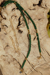 Jadde dyed emerald eyeglass necklace with gold tone beads and gold-filled paperclip chain